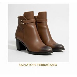 SALVATORE FERRAGAMO Florian Brown Leather Gancini Block Heel Bootie Sz 7
